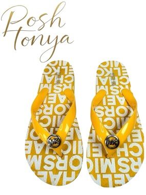 Michael Kors Yellow Logo Flip Flops Size 6 Summer Beach Coastal Resort